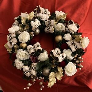 Roses Wreath with Courtly Check Ribbon, New, Hand Crafted
